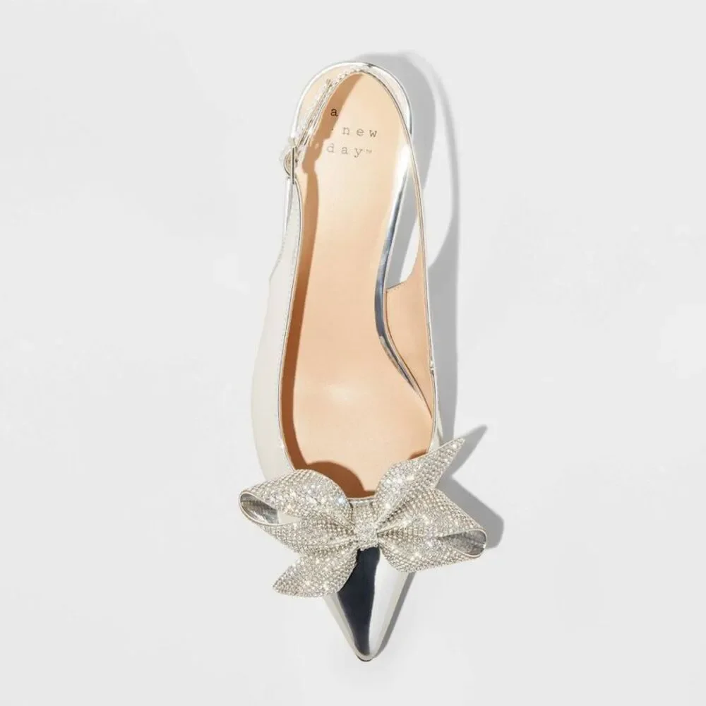 Open Box - A New Day -  Women's Rhinestone Bow Slingback Kitten  Silver